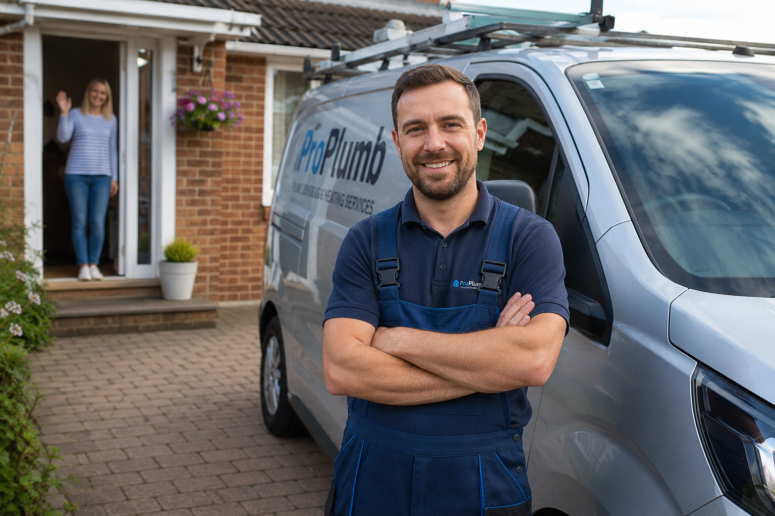 Local tradesperson using a phone after completing customer work